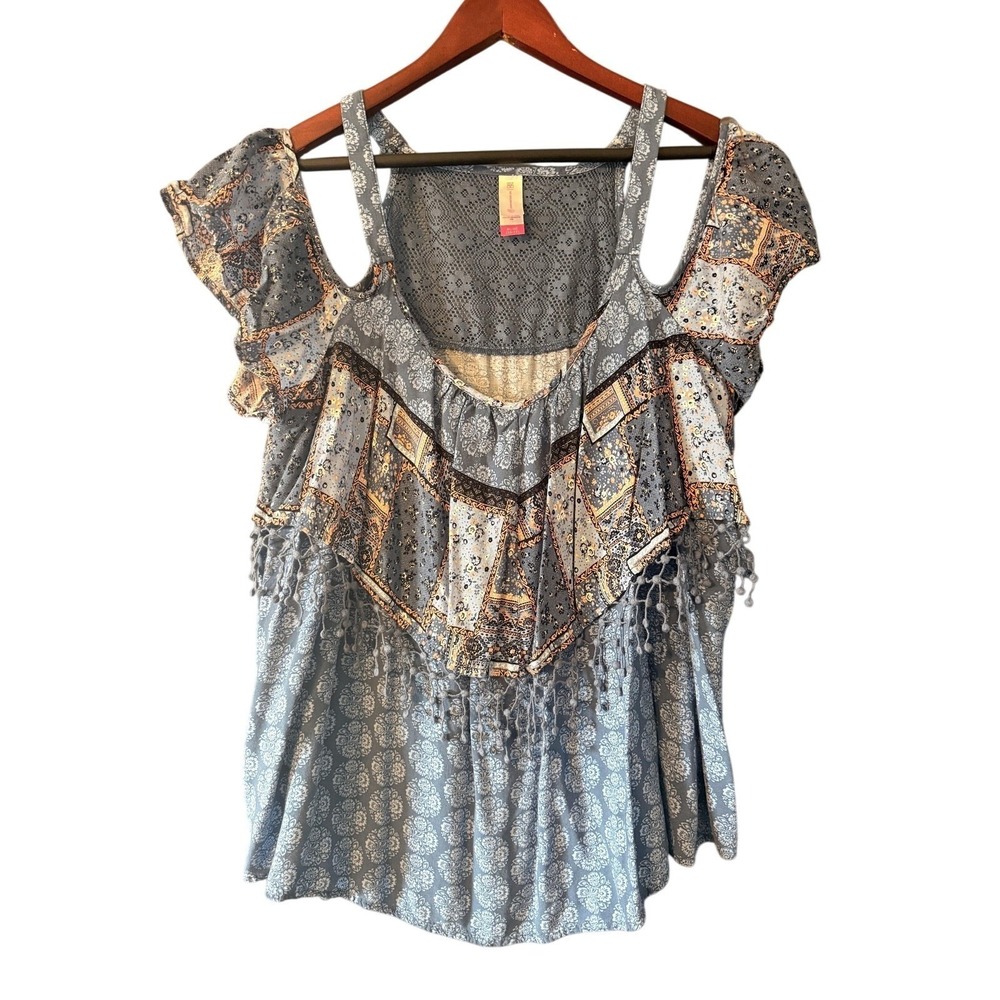 No Boundaries Blouse Youth XL Blue Tunic Cold Shoulder Y2K Milkmaid Crochet